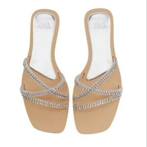 NEW with Tags! ZARA Rhinestone Flat Slides Size 36